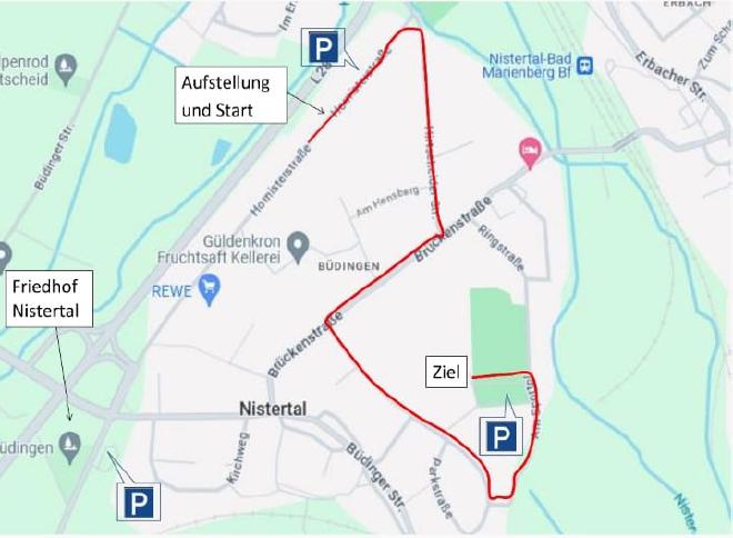 Karte mit der eingezeichneten Umzugsstrecke in Nistertal für den 17. Mai 2025
